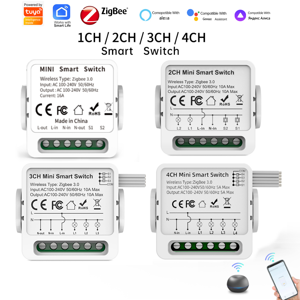 Tuya 4 Channel - Умный выключатель Tuya Zigbee 3.0, 1/2/3/4-клавишный